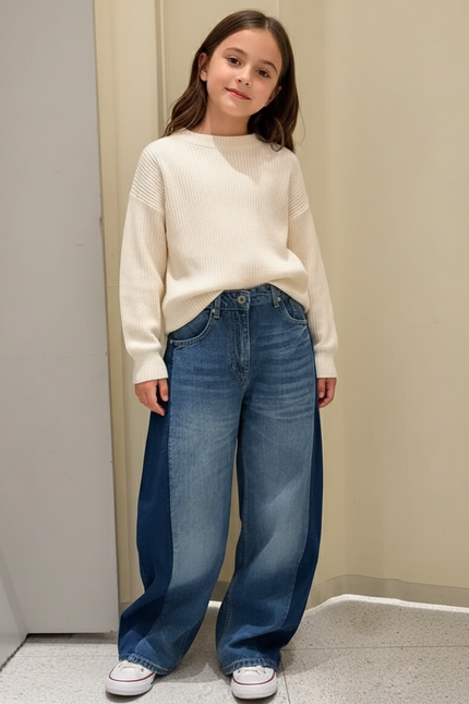 Pantalon Baggy Jean Patchwork Ample Enfant Décontracté - Bleu