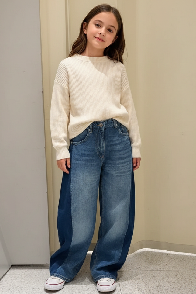Pantalon Baggy Jean Patchwork Ample Enfant Décontracté - Bleu