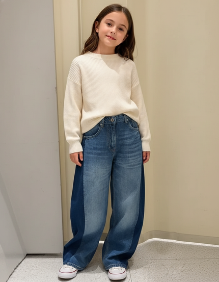 Pantalon Baggy Jean Patchwork Ample Enfant Décontracté - Bleu