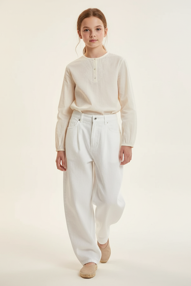 Pantalon Baggy Blanc Ample Taille Haute Décontracté Fille - Jean