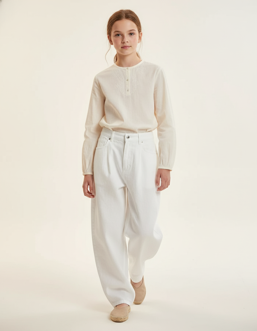 Pantalon Baggy Blanc Ample Taille Haute Décontracté Fille - Jean
