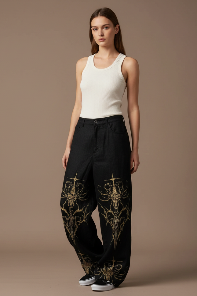 Pantalon Baggy Noir Brodé Or Ample Gothique - Jean