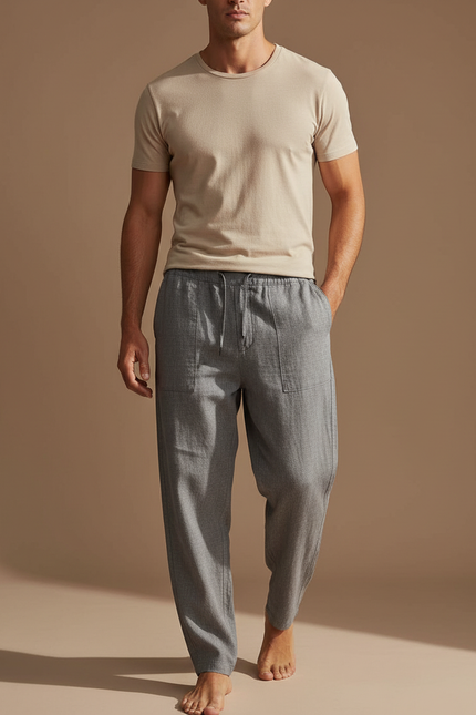 Pantalon Baggy Gris Lin Ample Cordon Décontracté Homme