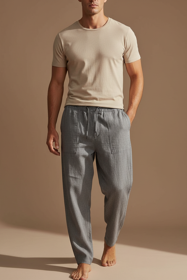 Pantalon Baggy Gris Lin Ample Cordon Décontracté Homme