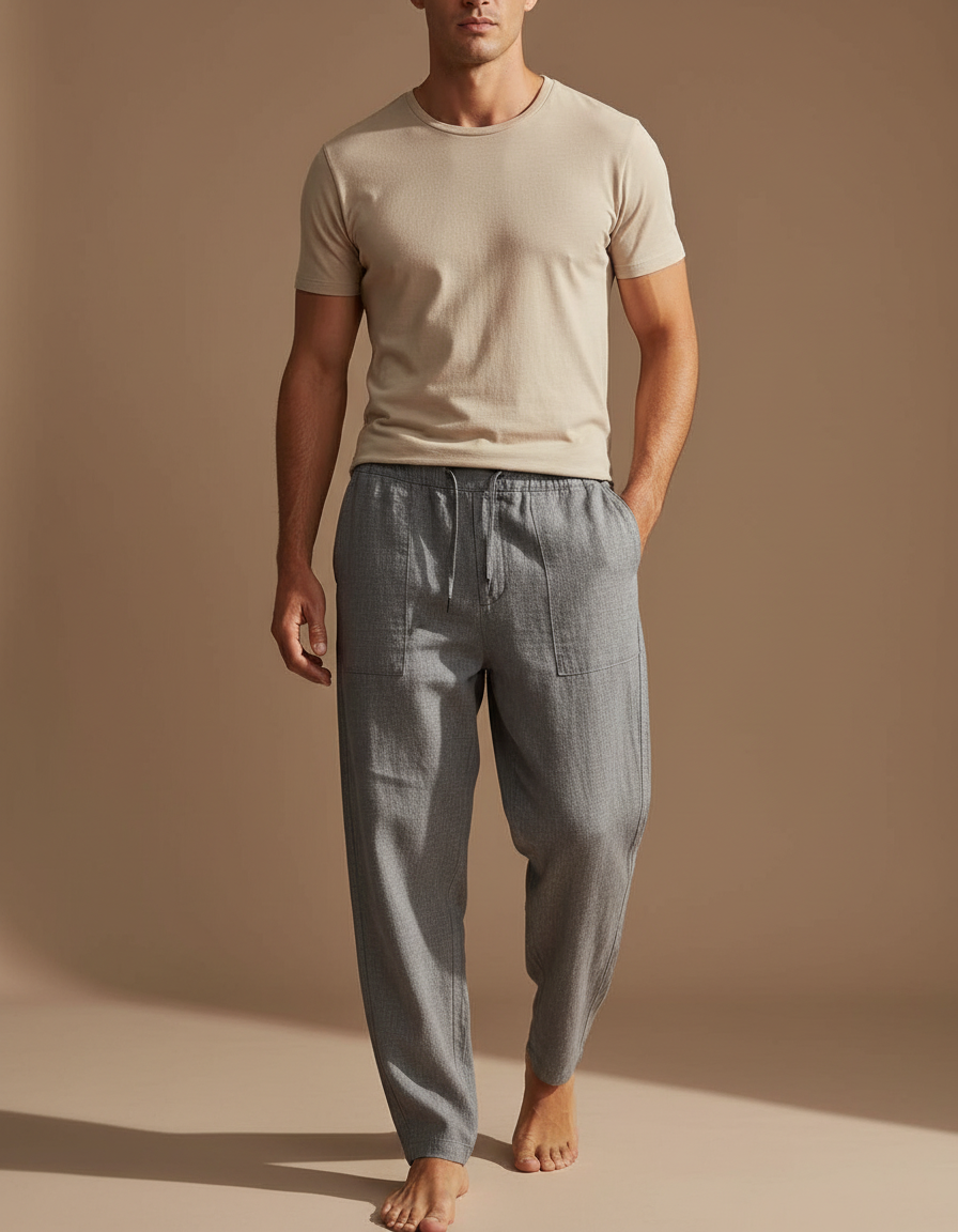Pantalon Baggy Gris Lin Ample Cordon Décontracté Homme