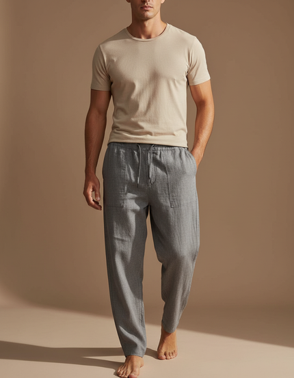 Pantalon Baggy Gris Lin Ample Cordon Décontracté Homme