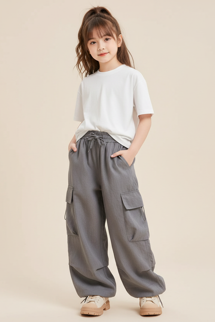 Pantalon Baggy Gris Cargo Ample Unisexe Décontracté - Lin