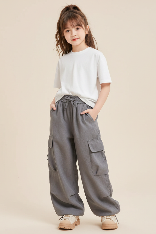 Pantalon Baggy Gris Cargo Ample Unisexe Décontracté - Lin
