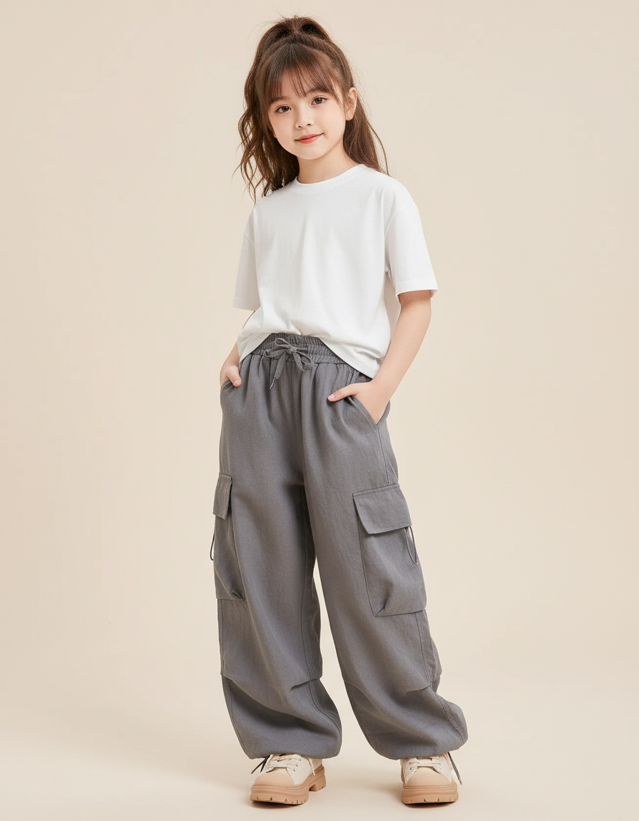 Pantalon Baggy Gris Cargo Ample Unisexe Décontracté - Lin