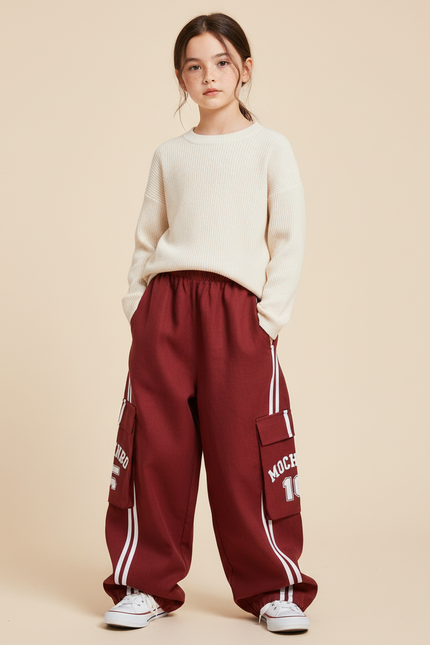 Pantalon Baggy Rouge Cargo Rayures Blanches Enfant - Bordeaux Molleton