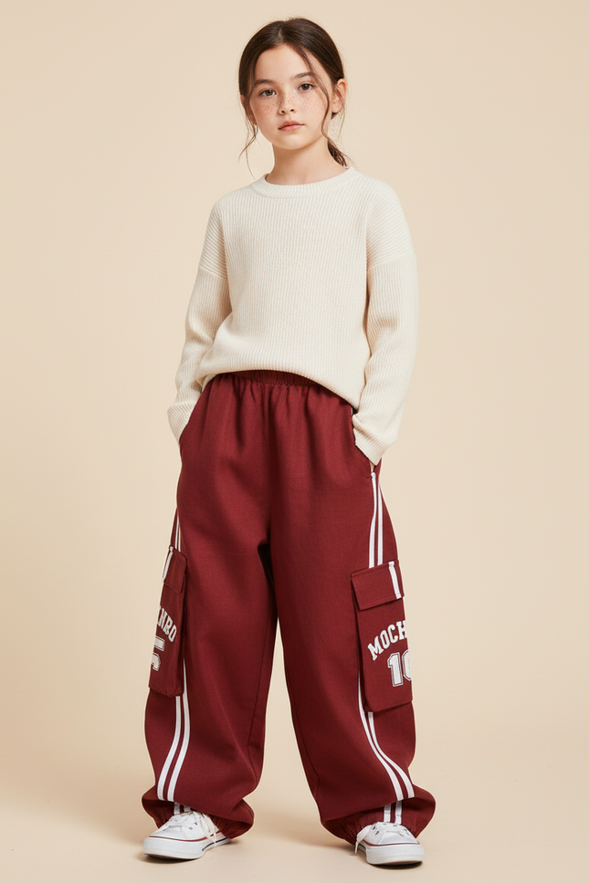 Pantalon Baggy Rouge Cargo Rayures Blanches Enfant - Bordeaux Molleton