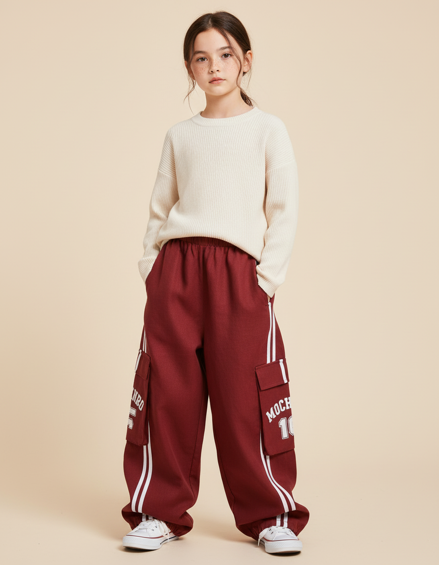 Pantalon Baggy Rouge Cargo Rayures Blanches Enfant - Bordeaux Molleton