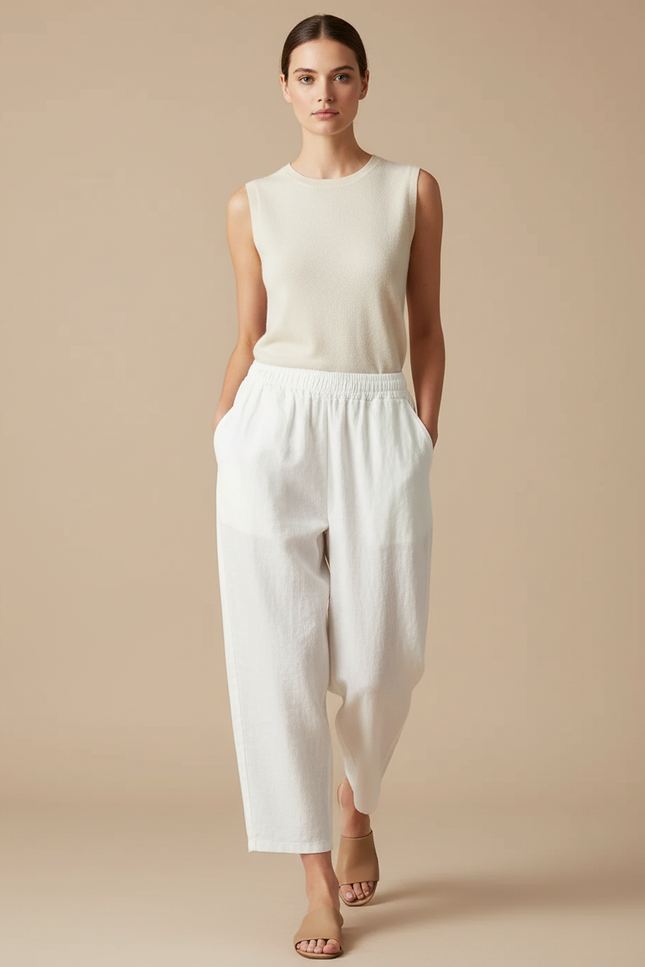 Pantalon Baggy Blanc Lin Ample Taille Élastique Femme