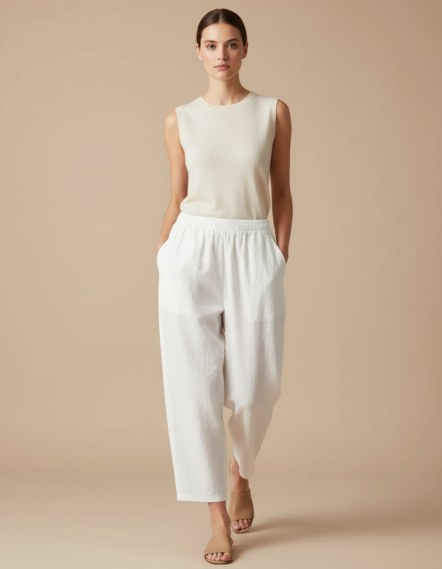 Pantalon Baggy Blanc Lin Ample Taille Élastique Femme