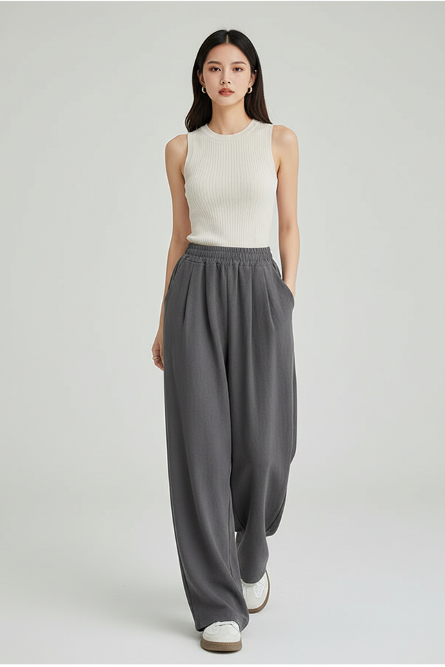 Pantalon Baggy Gris Fluide Ample Taille Haute Femme - Viscose