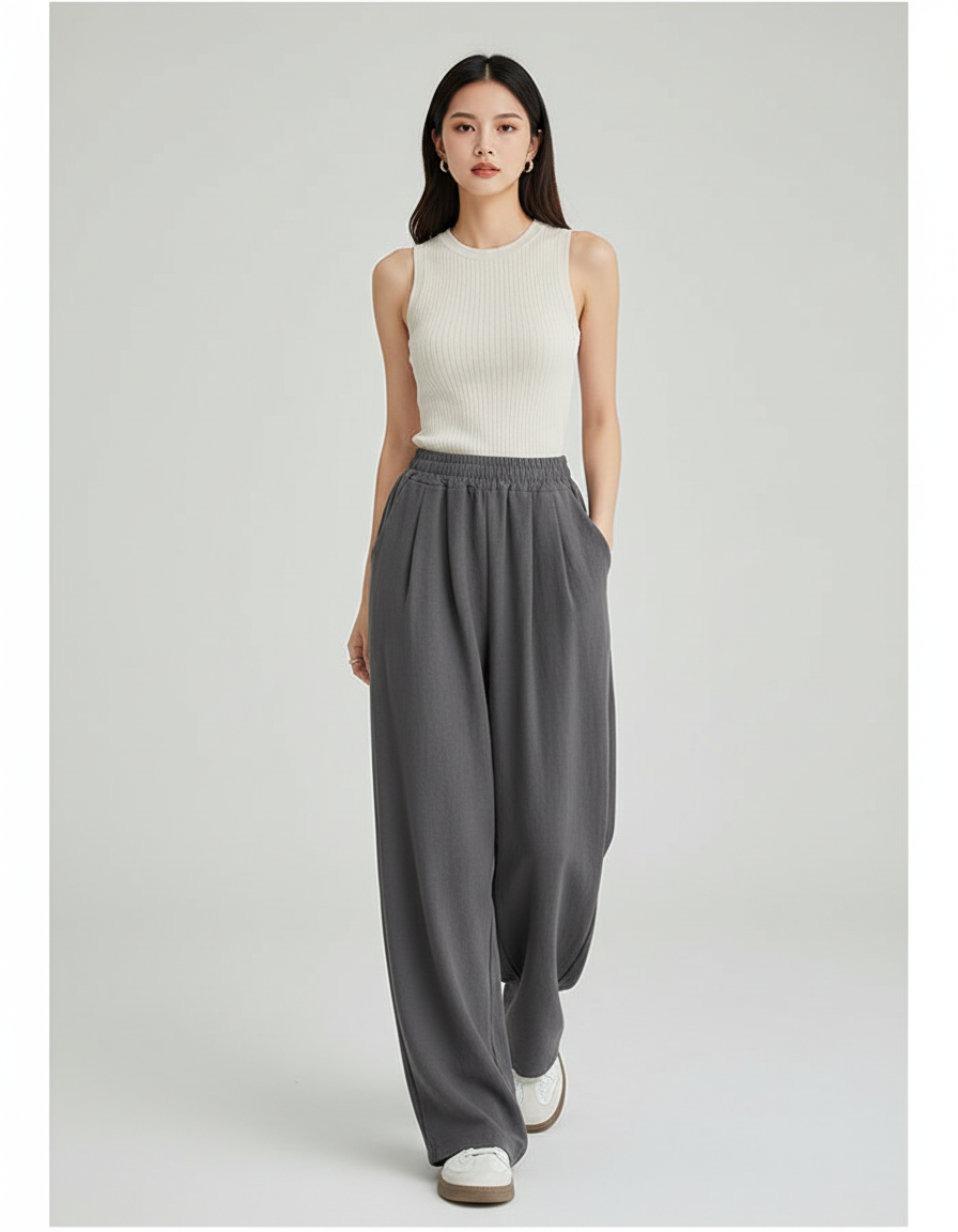 Pantalon Baggy Gris Fluide Ample Taille Haute Femme - Viscose