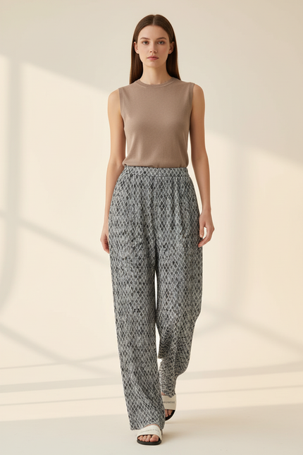 Pantalon Baggy Plissé Imprimé Fluide Ample Décontracté - Polyester