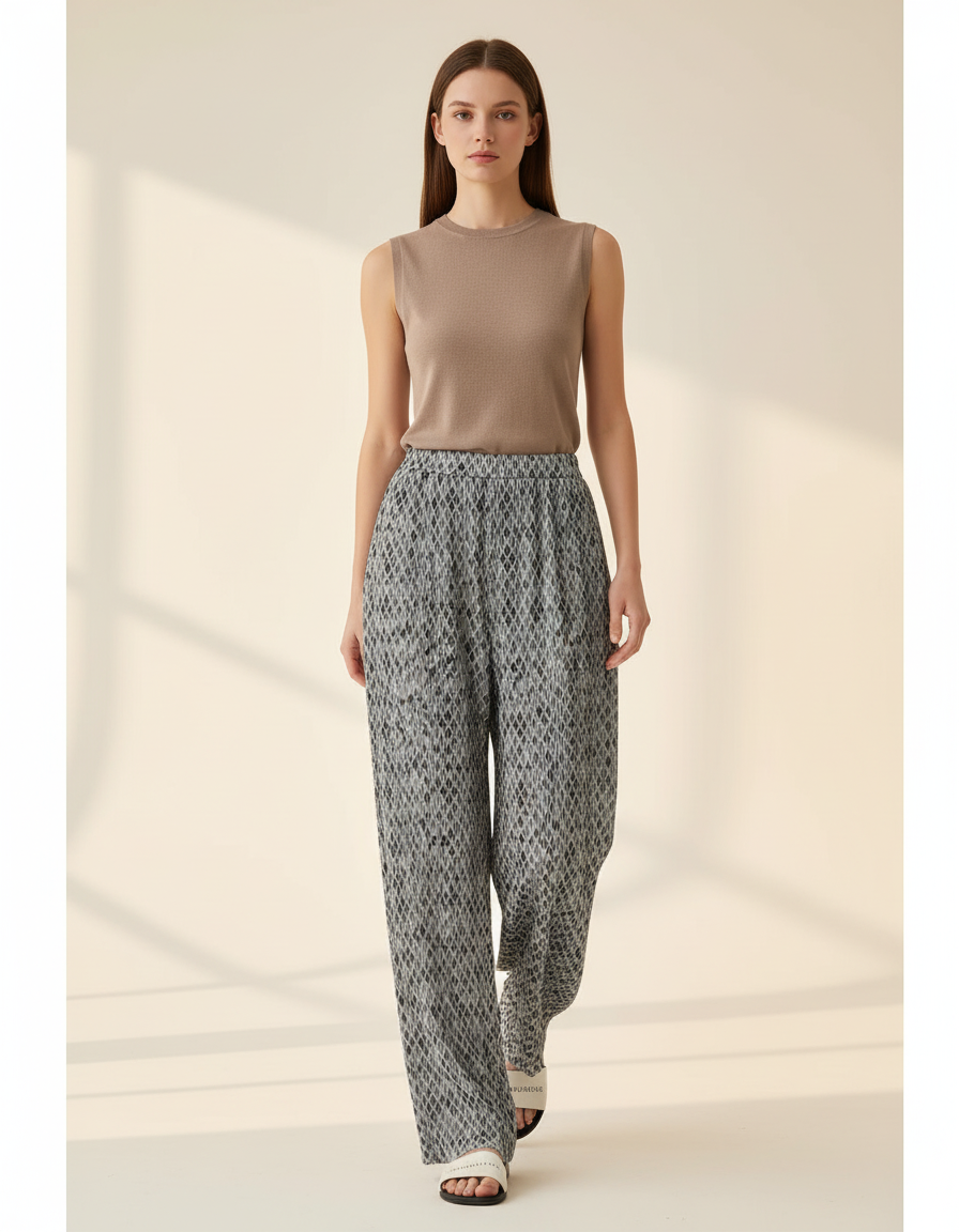 Pantalon Baggy Plissé Imprimé Fluide Ample Décontracté - Polyester