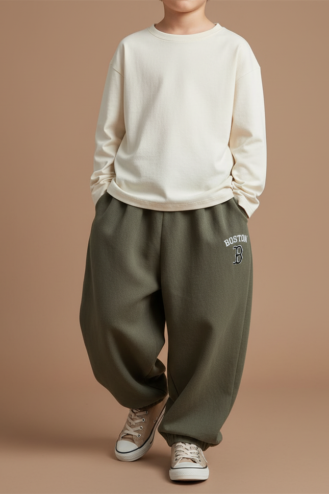 Pantalon Baggy Kaki Molletonné Ample Brodé Sport Enfant