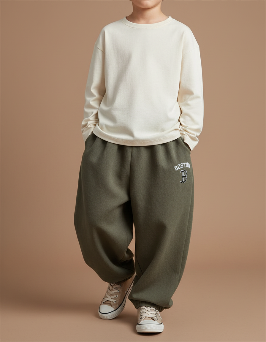 Pantalon Baggy Kaki Molletonné Ample Brodé Sport Enfant