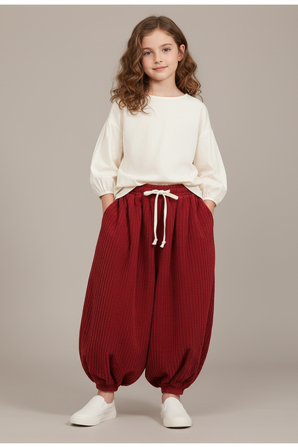 Pantalon Baggy Rouge Côtelé Ample Enfant - Bordeaux Cordé
