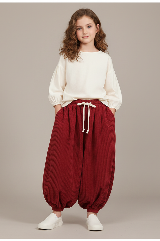 Pantalon Baggy Rouge Côtelé Ample Enfant - Bordeaux Cordé