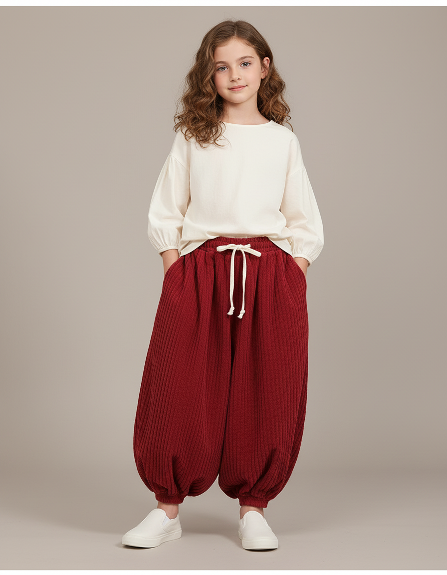 Pantalon Baggy Rouge Côtelé Ample Enfant - Bordeaux Cordé