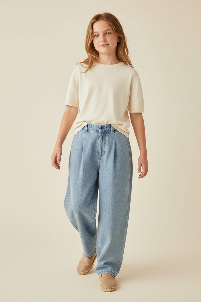 Pantalon Baggy Jean Bleu Ample Plissé Confortable