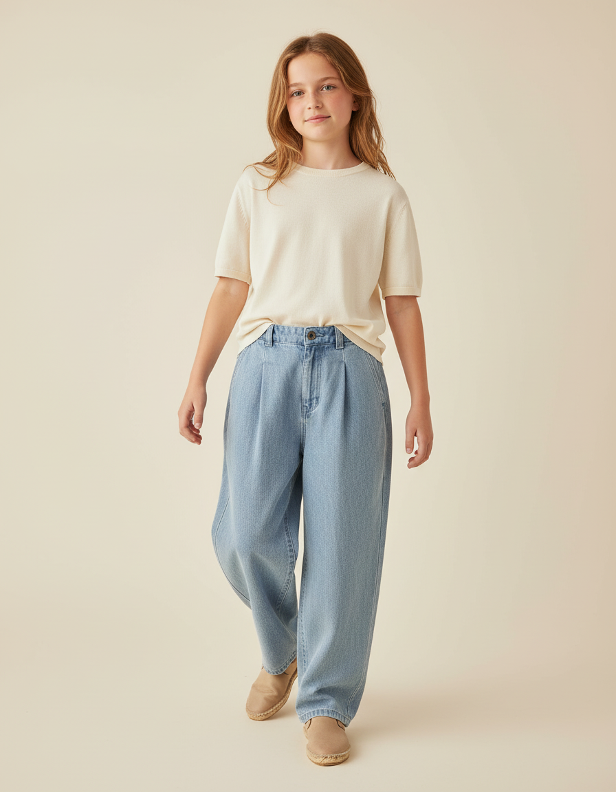 Pantalon Baggy Jean Bleu Ample Plissé Confortable