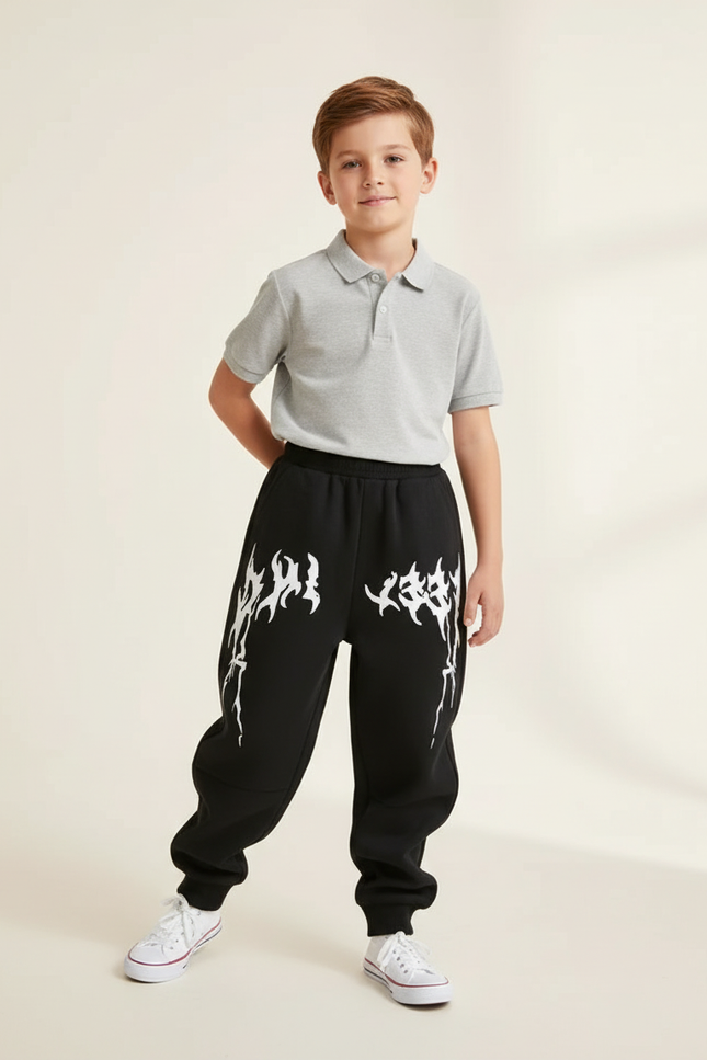 Pantalon Baggy Noir Ample Imprimé Flammes Garçon - Molleton