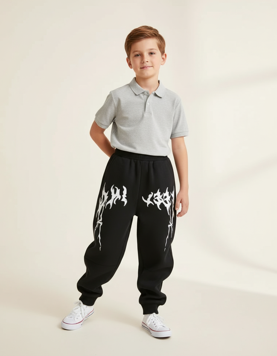 Pantalon Baggy Noir Ample Imprimé Flammes Garçon - Molleton