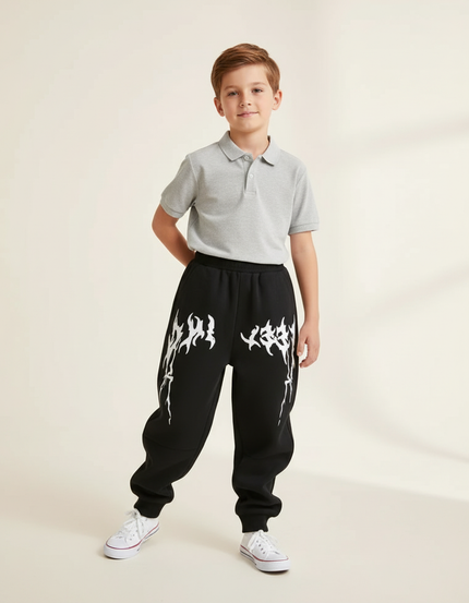 Pantalon Baggy Noir Ample Imprimé Flammes Garçon - Molleton
