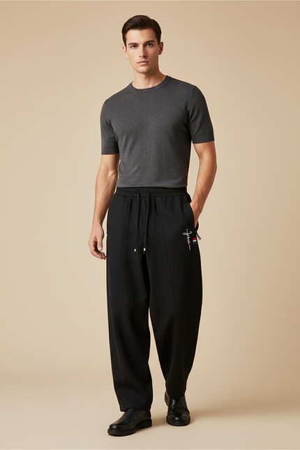 Pantalon Baggy Noir Ample Cordon Décontracté Brodé Homme - Viscose