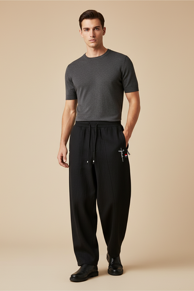 Pantalon Baggy Noir Ample Cordon Décontracté Brodé Homme - Viscose