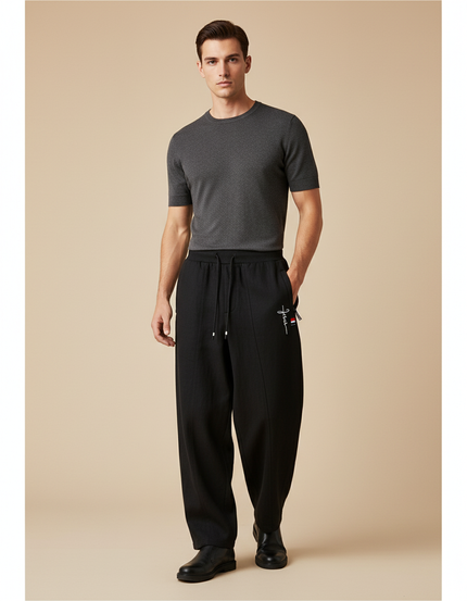 Pantalon Baggy Noir Ample Cordon Décontracté Brodé Homme - Viscose