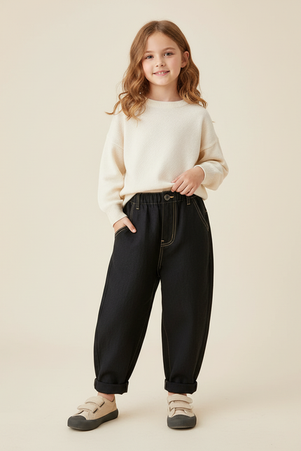 Pantalon Baggy Noir Denim Ample Couture Jaune Enfant - Jean