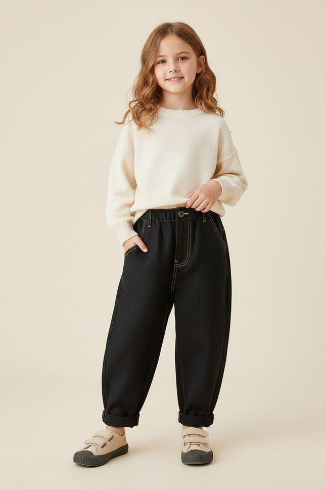 Pantalon Baggy Noir Denim Ample Couture Jaune Enfant - Jean