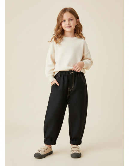Pantalon Baggy Noir Denim Ample Couture Jaune Enfant - Jean