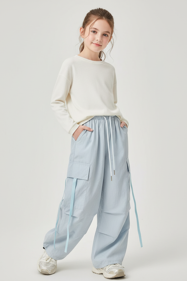 Pantalon Baggy Bleu Ciel Cargo Ample Fille Décontracté - Polyester