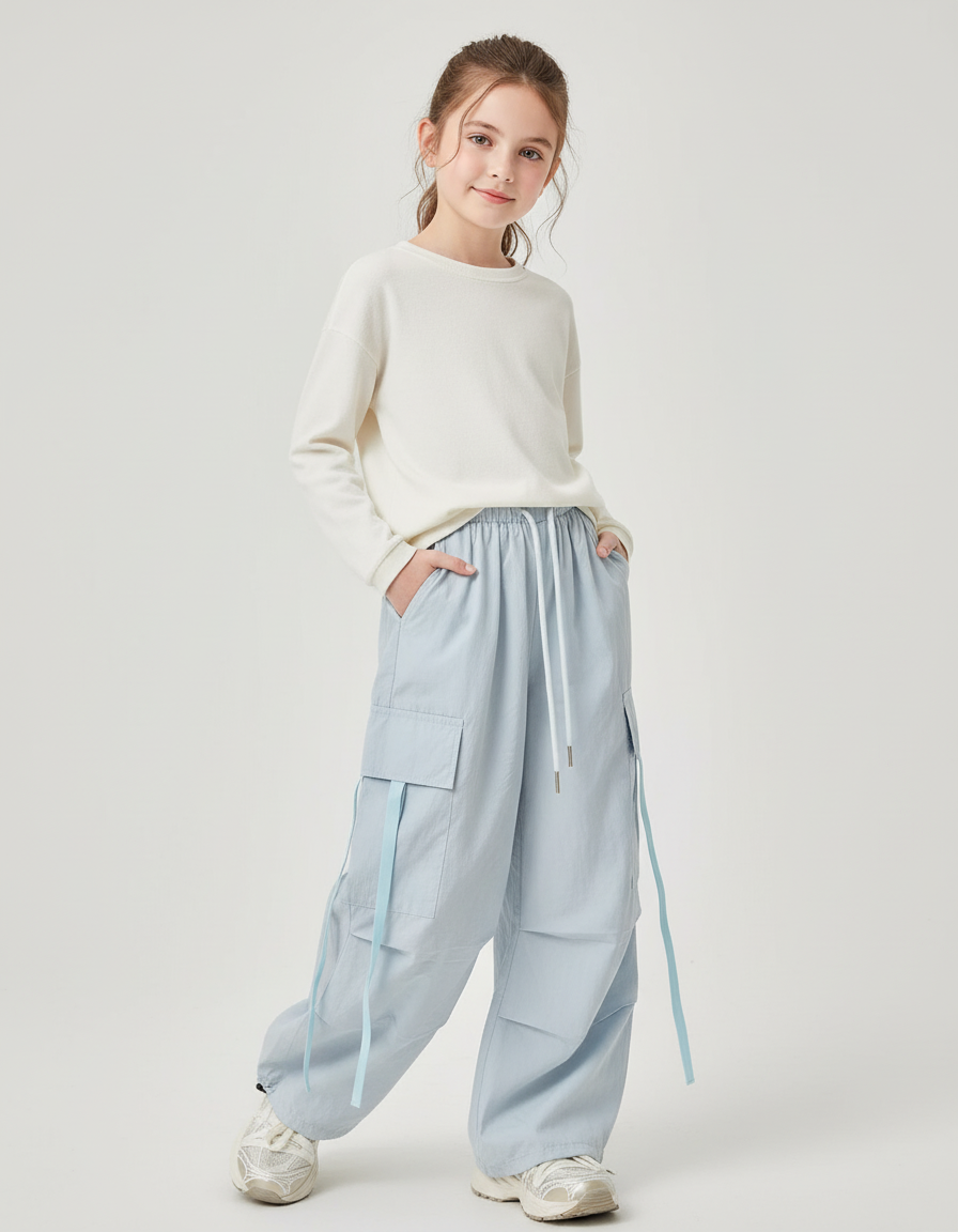 Pantalon Baggy Bleu Ciel Cargo Ample Fille Décontracté - Polyester