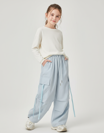 Pantalon Baggy Bleu Ciel Cargo Ample Fille Décontracté - Polyester