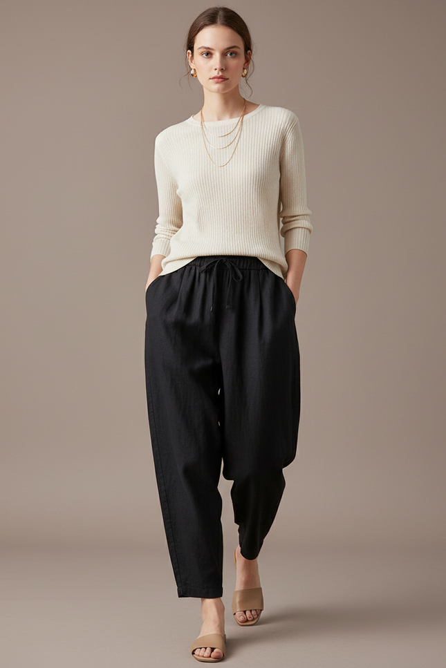 Pantalon Baggy Femme Noir Taille Élastique Toile - Lin