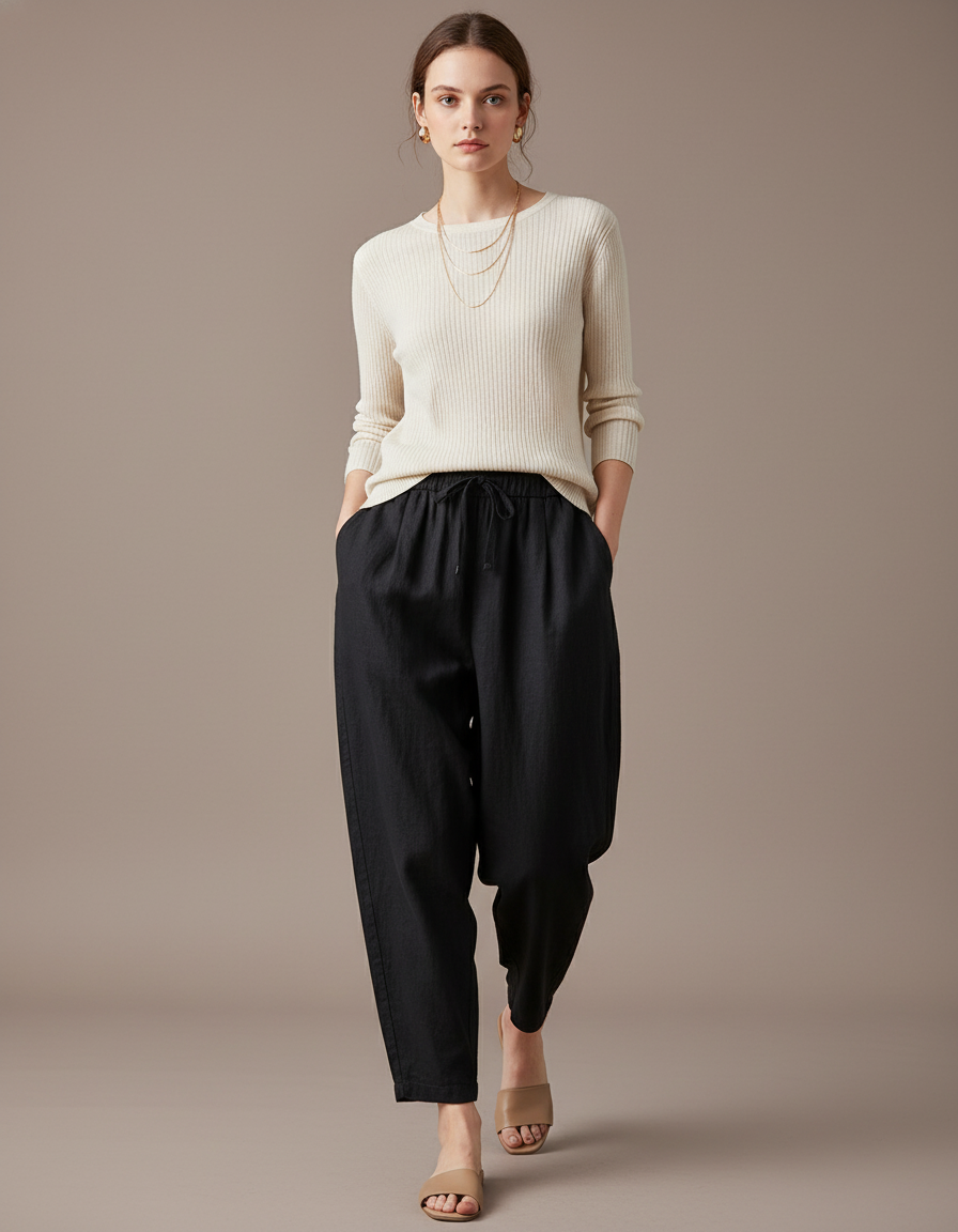 Pantalon Baggy Femme Noir Taille Élastique Toile - Lin