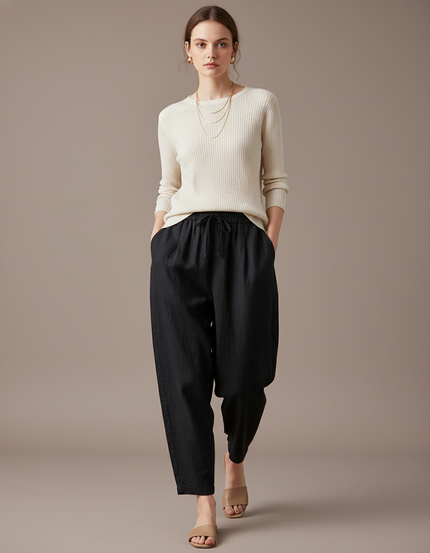 Pantalon Baggy Femme Noir Taille Élastique Toile - Lin