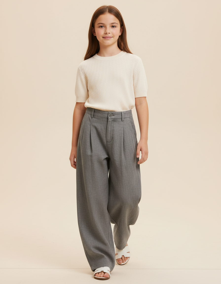 Pantalon Baggy Gris Plissé Ample Décontracté Enfant - Laine