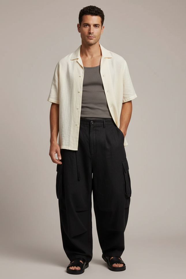 Pantalon Baggy Noir Ample Cargo Décontracté Homme - Toile