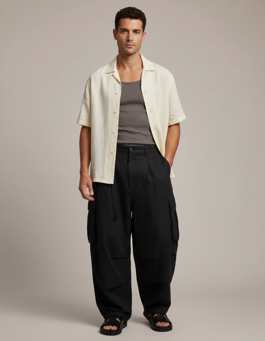 Pantalon Baggy Noir Ample Cargo Décontracté Homme - Toile