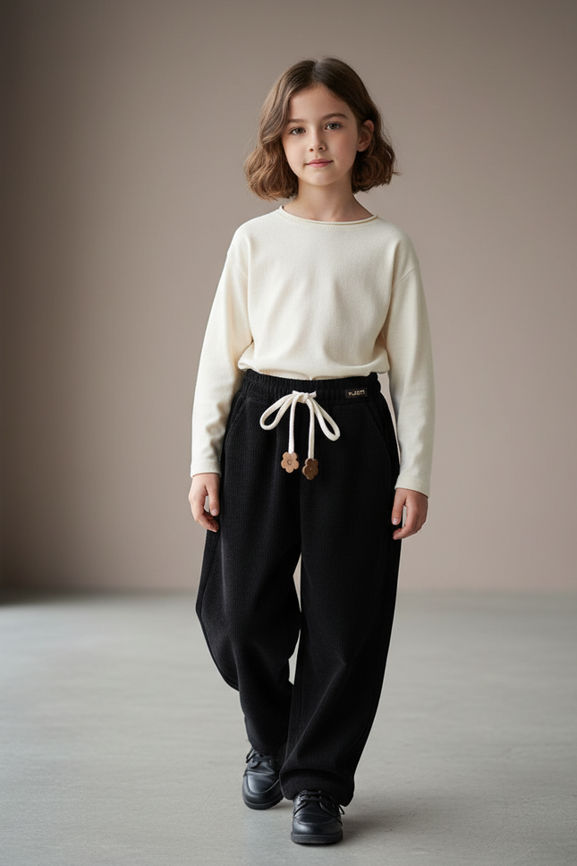 Pantalon Baggy Noir Côtelé Ample Décontracté Enfant - Cordé