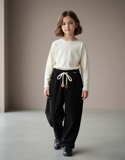 Pantalon Baggy Noir Côtelé Ample Décontracté Enfant - Cordé