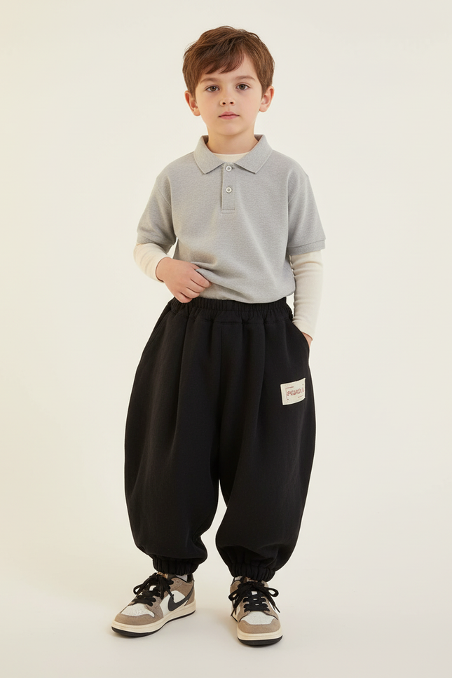 Pantalon Baggy Noir Ample Coton Élastique Décontracté Garçon